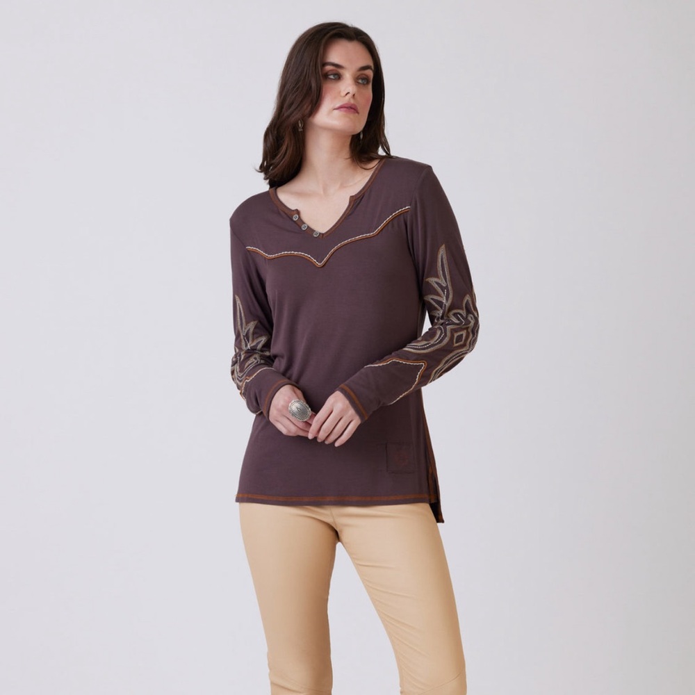 Double D Ranch Wade Long sleeve embroidered Henley in Wagon Wheel RTL $240 NWT S
